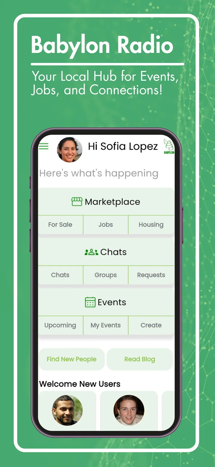 Babylon App Startseite mit Marketplace, Chats und Events